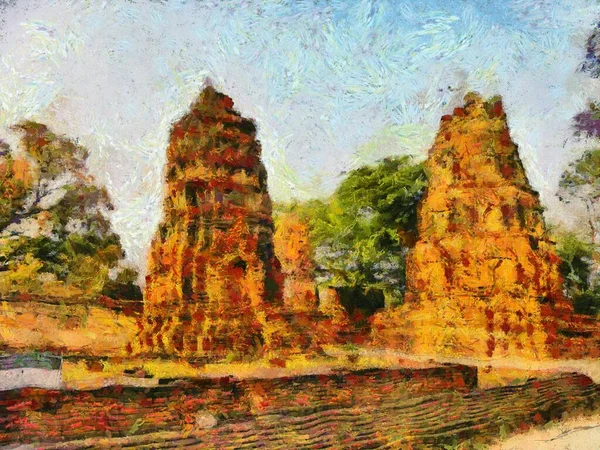 Ayutthaya Tayland Daki Arkeoloji Sitesi Dünya Mirası Illüstrasyonları Izlenimci Bir — Stok fotoğraf