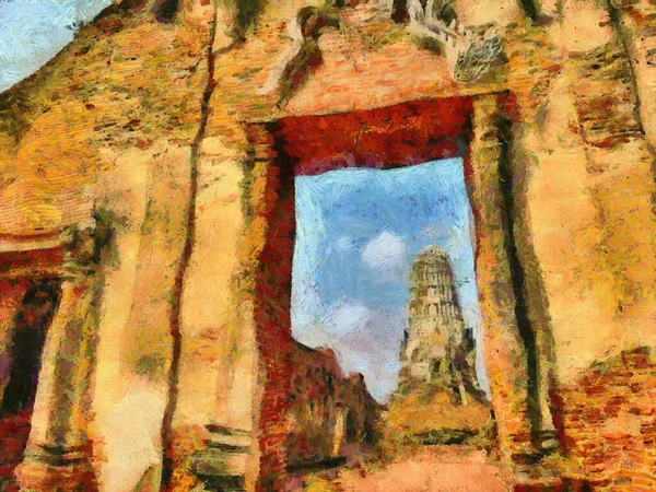 Stanowisko Archeologiczne Ayutthaya Tajlandia Światowe Dziedzictwo Ilustracje Tworzy Impresjonistyczny Styl — Zdjęcie stockowe
