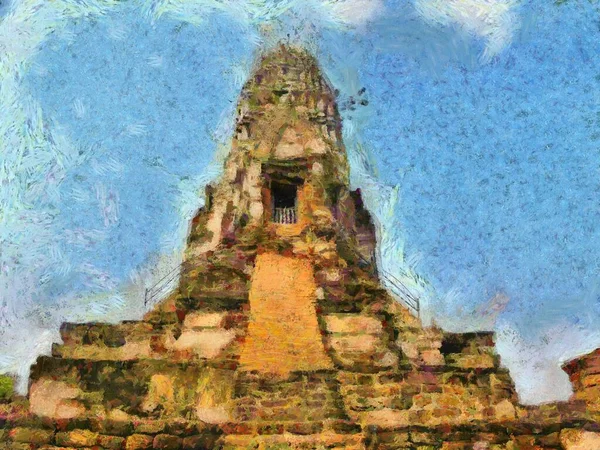 Régészeti Lelőhely Ayutthaya Thaiföld Világörökség Illusztrációk Teremt Impresszionista Stílus Festészet — Stock Fotó