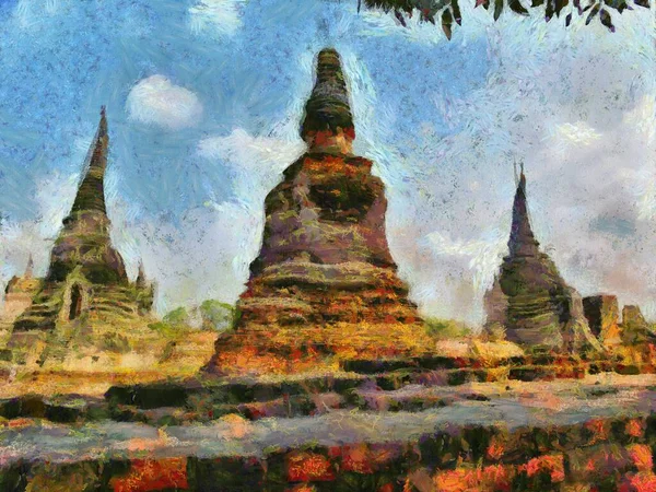 Sitio Arqueológico Ayutthaya Tailandia Patrimonio Humanidad Ilustraciones Crea Estilo Impresionista — Foto de Stock