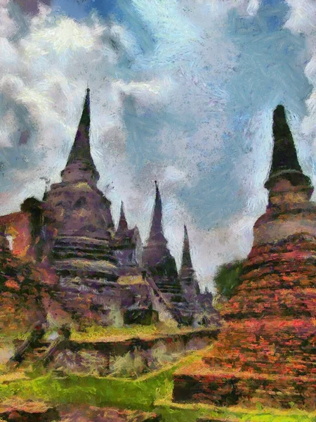 Archeologische Site Ayutthaya Thailand Wereld Erfgoed Illustraties Creëert Een Impressionistische — Stockfoto