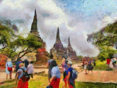 Ayutthaya Tayland 'daki arkeoloji sitesi dünya mirası illüstrasyonları izlenimci bir resim tarzı yarattı.