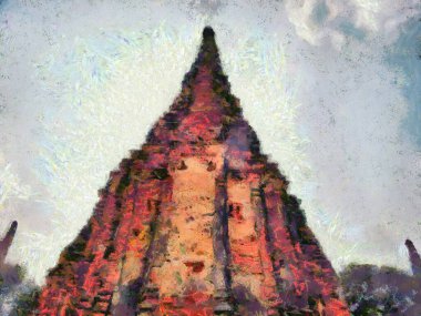 Ayutthaya Tayland 'daki arkeoloji sitesi dünya mirası illüstrasyonları izlenimci bir resim tarzı yarattı.