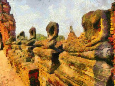 Ayutthaya Tayland 'daki arkeoloji sitesi dünya mirası illüstrasyonları izlenimci bir resim tarzı yarattı.