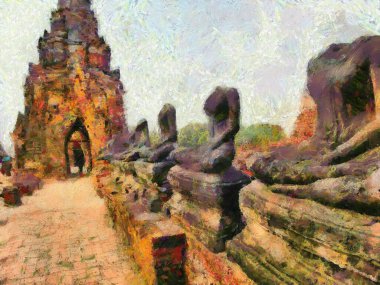 Ayutthaya Tayland 'daki arkeoloji sitesi dünya mirası illüstrasyonları izlenimci bir resim tarzı yarattı.