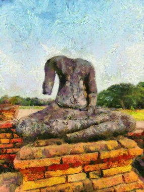 Ayutthaya Tayland 'daki arkeoloji sitesi dünya mirası illüstrasyonları izlenimci bir resim tarzı yarattı.