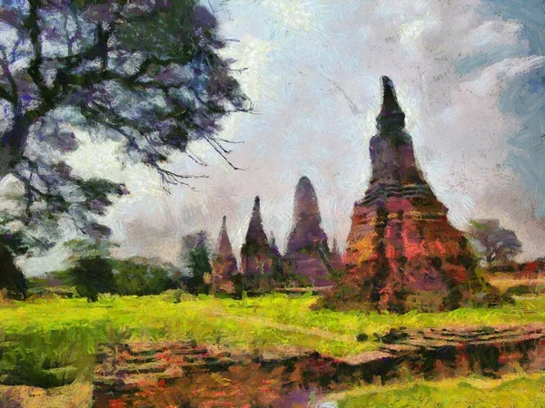 Sitio Arqueológico Ayutthaya Tailandia Patrimonio Humanidad Ilustraciones Crea Estilo Impresionista — Foto de Stock