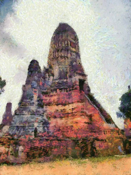 泰国Ayutthaya考古遗址的世界文化遗产图例创造了一种印象派风格的绘画 — 图库照片