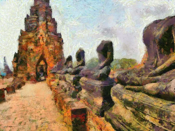 Sítio Arqueológico Ayutthaya Tailândia Património Mundial Ilustrações Cria Estilo Impressionista — Fotografia de Stock