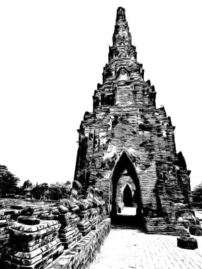 Antik Ayutthaya Pagoda Siyah beyaz çizimlerle yapıldı.