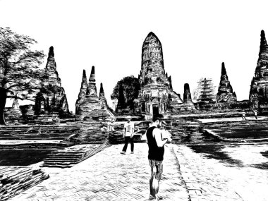 Antik Ayutthaya Pagoda Siyah beyaz çizimlerle yapıldı.