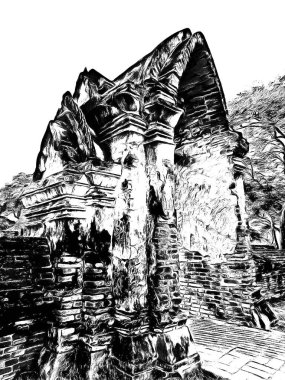 Antik Ayutthaya Pagoda Siyah beyaz çizimlerle yapıldı.