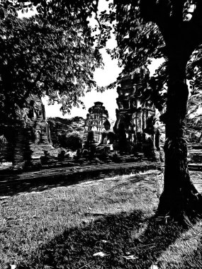 Antik Ayutthaya Pagoda Siyah beyaz çizimlerle yapıldı.
