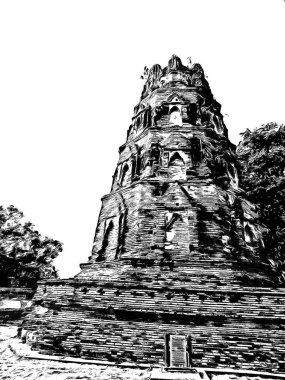Antik Ayutthaya Pagoda Siyah beyaz çizimlerle yapıldı.