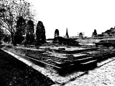 Antik Ayutthaya Pagoda Siyah beyaz çizimlerle yapıldı.