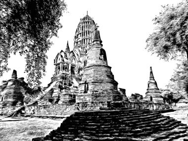 Antik Ayutthaya Pagoda Siyah beyaz çizimlerle yapıldı.