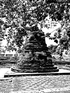 Antik Ayutthaya Pagoda Siyah beyaz çizimlerle yapıldı.