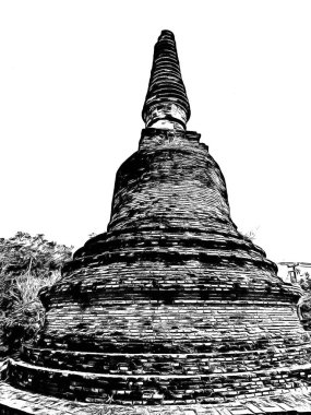 Antik Ayutthaya Pagoda Siyah beyaz çizimlerle yapıldı.