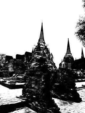 Antik Ayutthaya Pagoda Siyah beyaz çizimlerle yapıldı.