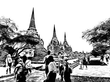 Antik Ayutthaya Pagoda Siyah beyaz çizimlerle yapıldı.