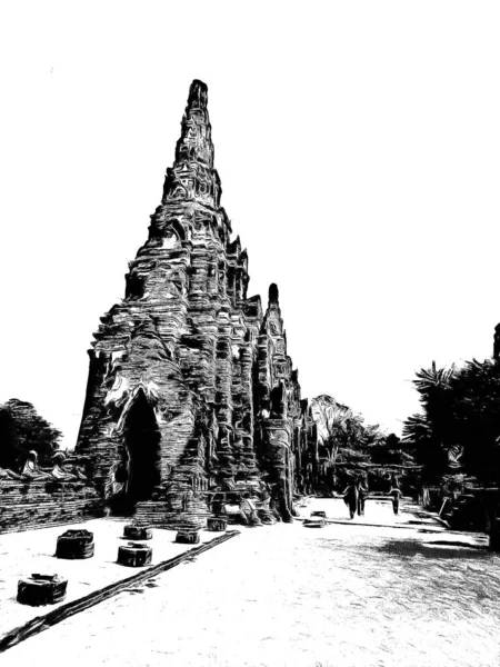 Antik Ayutthaya Pagoda Siyah Beyaz Çizimlerle Yapıldı — Stok fotoğraf