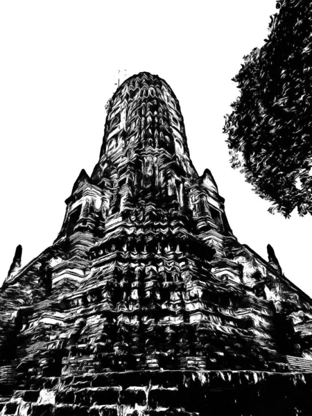 Starověké Ayutthaya Pagoda Vyrobeno Černobílé Ilustrace — Stock fotografie