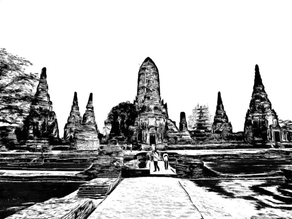 Pagode Ayutthaya Antigo Feito Ilustrações Preto Branco — Fotografia de Stock