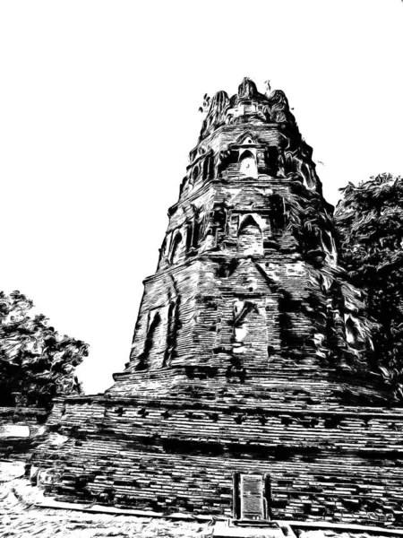 Pagode Ayutthaya Antigo Feito Ilustrações Preto Branco — Fotografia de Stock