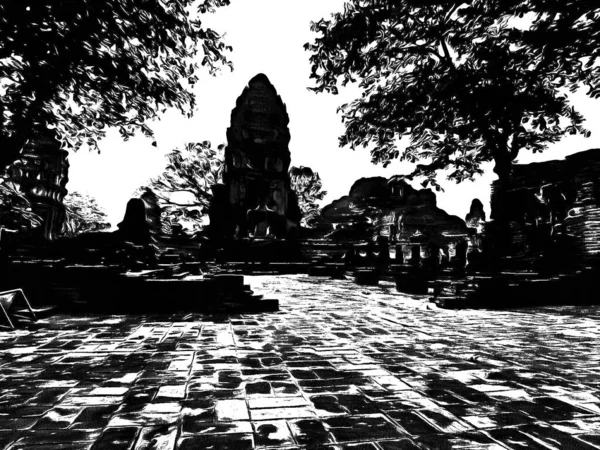 Ancient Ayutthaya Pagoda Made Black White Illustrations — Stock Photo, Image