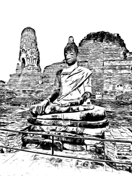 Antik Ayutthaya Pagoda Siyah Beyaz Çizimlerle Yapıldı — Stok fotoğraf