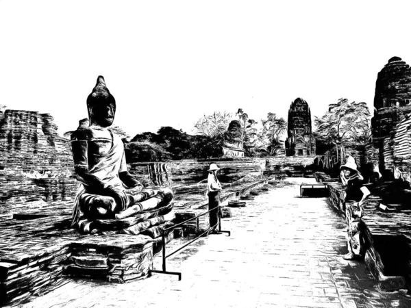 Starożytna Pagoda Ayutthaya Wykonana Czarno Białych Ilustracjach — Zdjęcie stockowe
