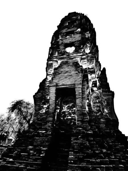 Pagode Ayutthaya Antigo Feito Ilustrações Preto Branco — Fotografia de Stock