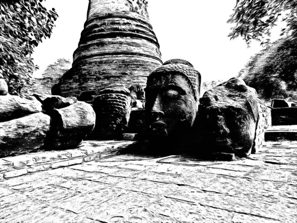 Antik Ayutthaya Pagoda Siyah Beyaz Çizimlerle Yapıldı — Stok fotoğraf