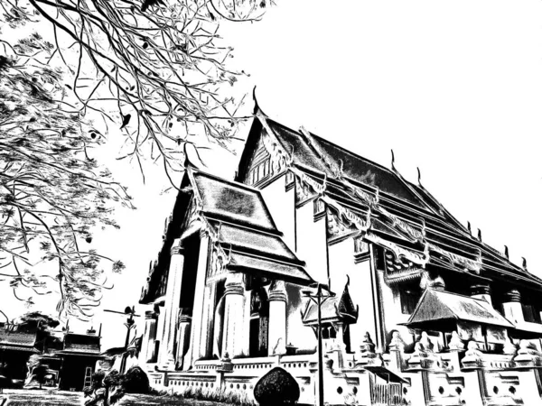 Ancient Ayutthaya Pagoda Made Black White Illustrations — Stock Photo, Image