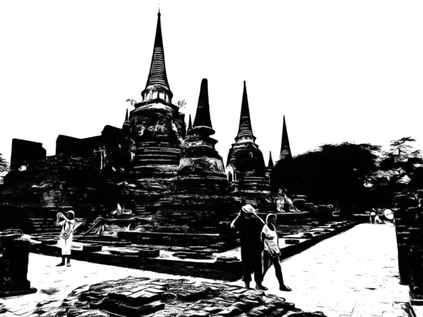 Starověké Ayutthaya Pagoda Vyrobeno Černobílé Ilustrace — Stock fotografie