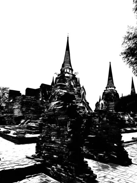 Antike Ayutthaya Pagode Schwarz Weiß Illustrationen — Stockfoto