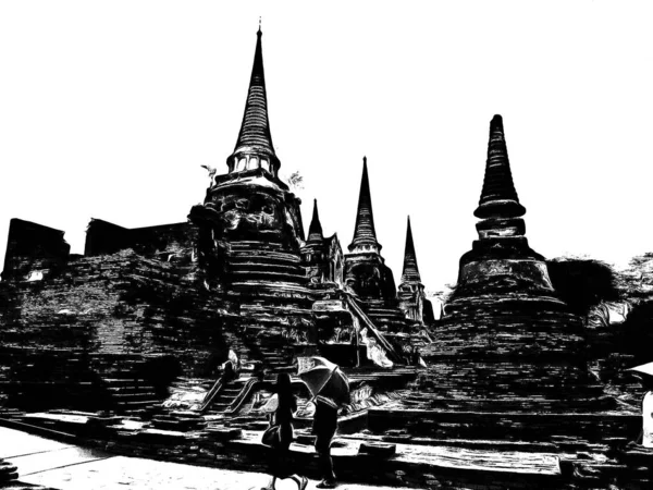 Ősi Ayutthaya Pagoda Készült Fekete Fehér Illusztrációk — Stock Fotó