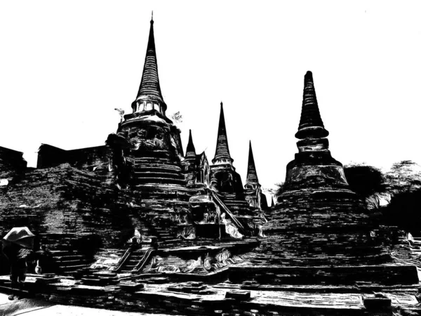 Antike Ayutthaya Pagode Schwarz Weiß Illustrationen — Stockfoto