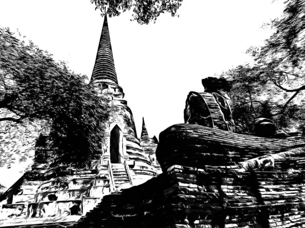 Antik Ayutthaya Pagoda Siyah Beyaz Çizimlerle Yapıldı — Stok fotoğraf