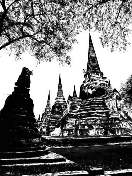 Pagode Ayutthaya Antigo Feito Ilustrações Preto Branco — Fotografia de Stock