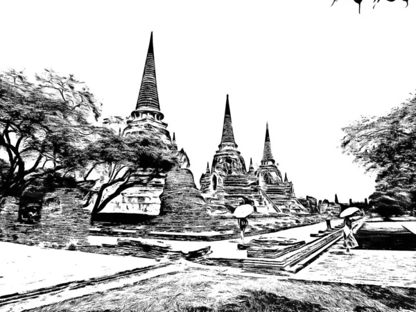 Pagode Ayutthaya Antigo Feito Ilustrações Preto Branco — Fotografia de Stock