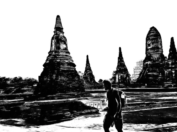 Ősi Ayutthaya Pagoda Készült Fekete Fehér Illusztrációk — Stock Fotó