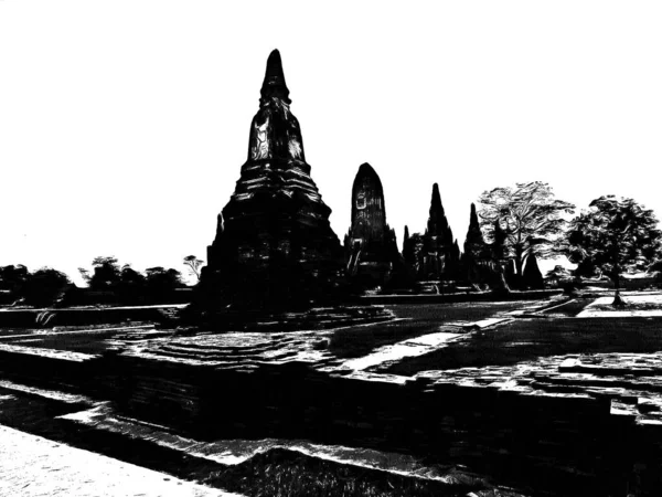 Starożytna Pagoda Ayutthaya Wykonana Czarno Białych Ilustracjach — Zdjęcie stockowe