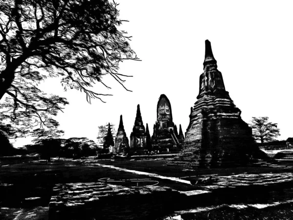 Starověké Ayutthaya Pagoda Vyrobeno Černobílé Ilustrace — Stock fotografie