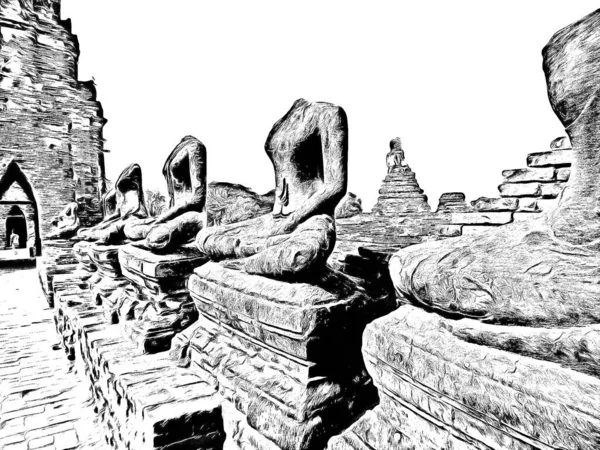 Oude Ayutthaya Pagoda Gemaakt Zwart Wit Illustraties — Stockfoto