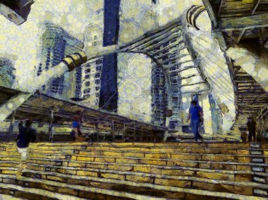 Bangkok 'un ve halkının manzarası Illustrations, empresyonist bir resim tarzı yaratıyor..