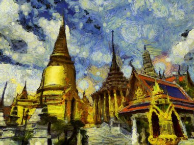 Zümrüt Buda 'nın Wat Phra Kaew Tapınağı, Tayland İllüstrasyonlarının simgesi, empresyonist bir resim stili yaratır..