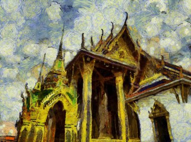 Zümrüt Buda 'nın Wat Phra Kaew Tapınağı, Tayland İllüstrasyonlarının simgesi, empresyonist bir resim stili yaratır..