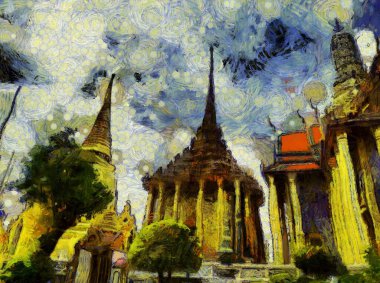 Zümrüt Buda 'nın Wat Phra Kaew Tapınağı, Tayland İllüstrasyonlarının simgesi, empresyonist bir resim stili yaratır..