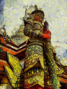 Zümrüt Buda 'nın Wat Phra Kaew Tapınağı, Tayland İllüstrasyonlarının simgesi, empresyonist bir resim stili yaratır..